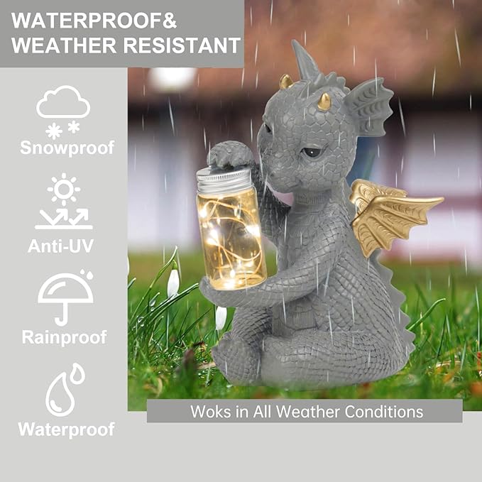 DiliComing Solar Dragon Garden Statues - Cute Dragon Baby Holding a Solar Jar, Outdoor Lawn Décor for Garden Yard, Balcony and Home, for Women