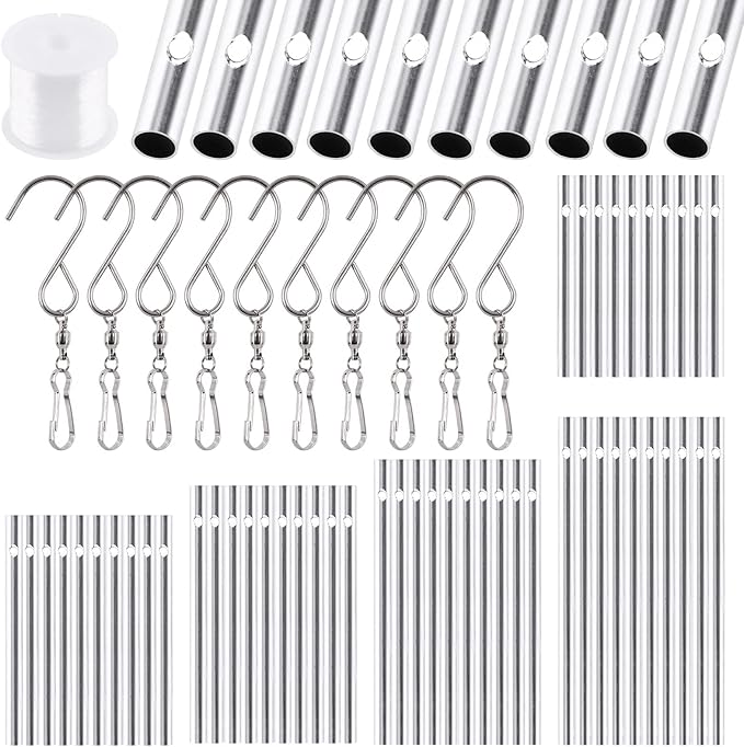 Glarks 61Pcs Wind Chime Kit Including 50Pcs 11.5cm 10cm 9cm 8cm 7cm Wind Chime Tubes and 10Pack Swivel Hooks Clips with 100m Thread Wire for Home Garden Outdoor Hanging Decorations