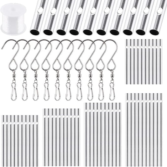 Glarks 61Pcs Wind Chime Kit Including 50Pcs 11.5cm 10cm 9cm 8cm 7cm Wind Chime Tubes and 10Pack Swivel Hooks Clips with 100m Thread Wire for Home Garden Outdoor Hanging Decorations