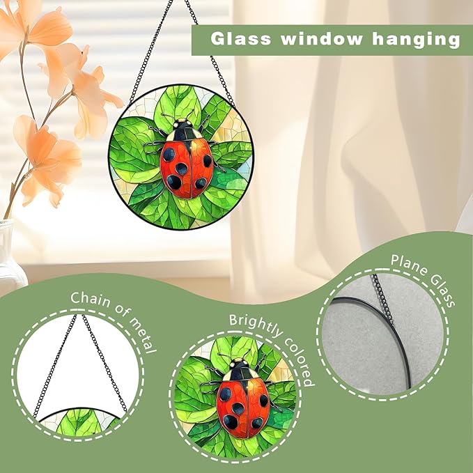 Ladybug Stained Glass Window Hanging, Colorful Ladybug Suncatchers for Windows, Ladybug Suncatcher Gift for Women, Mom, Grandma
