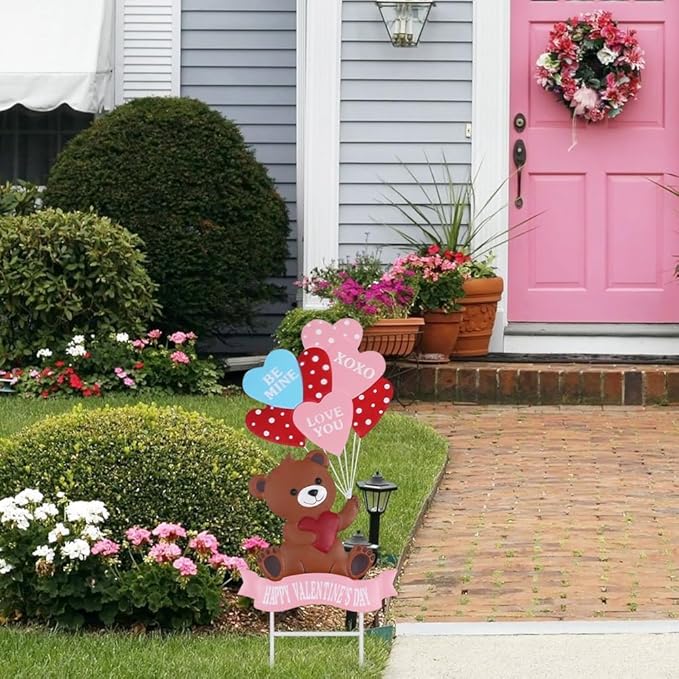 YEAHOME Valentines Day Decorations Outdoor, Metal Bear Decorative Garden Stakes with Love Balloon for Valentines Day Decor, Happy Valentine's Day Yard Signs for Home Porch Lawn Wedding Anniversary