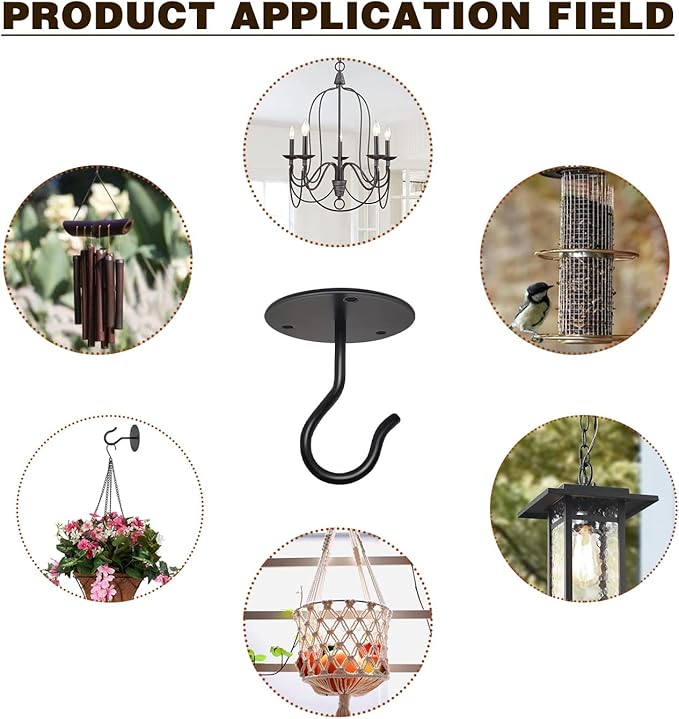 3 Pack Ceiling Hooks for Hanging Plants, Metal Plant Bracket Wall Mount Hangers Hooks Hanging for Bird Feeders, String Lights, Wind Chimes, Planters, Indoor Decorations, Black