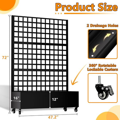 MTART Metal Planter Box with Trellis, 72.1"x47.2"x16" Galvanized Raised Garden Bed with Privacy Screen & Drainage Holes & Lockable Casters for Climbing Plants, Flower, Vegetable (Black-Grid)