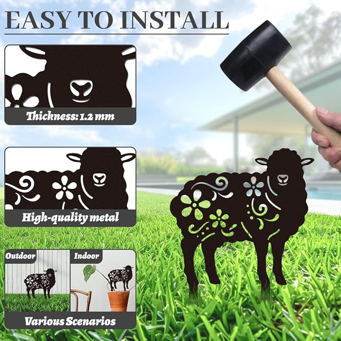 WADORN 2 Styles Sheep Metal Decorative Garden Stakes, Funny Sheep Flowers Metal Silhouette Statues Animal Garden Ornament Gifts Black Yard Art Decoration for Outdoor Backyard Patio Lawn Walkways