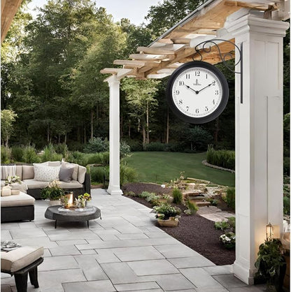 Metal Double Sided Wall Clock 10" - Decorative Indoor Outdoor Double Sided Clock - Easy to Read, Hanging Train Station Style for Patio, Garden, Office & More - Antique Style Outside Corner Wall Decor