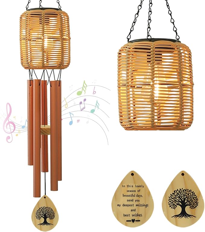 Solar Wind Chimes with Rattan Lantern Outside Lighted Wind Chime for Garden, Patio, Yard – Decor for Festivals/Birthday/Christmas, fot Women Men Home Garden Patio Decor