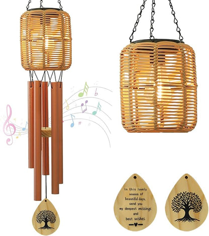 Solar Wind Chimes with Rattan Lantern Outside Lighted Wind Chime for Garden, Patio, Yard – Decor for Festivals/Birthday/Christmas, fot Women Men Home Garden Patio Decor