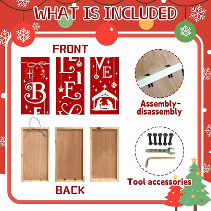 Christmas Porch Sign Believe Nativity Welcome Sign for Front Porch, Red ChristianWood Signs for Patio Jesus Tall Standing Wooden Yard Sign Bless Xmas Decoration for Indoor Outdoor