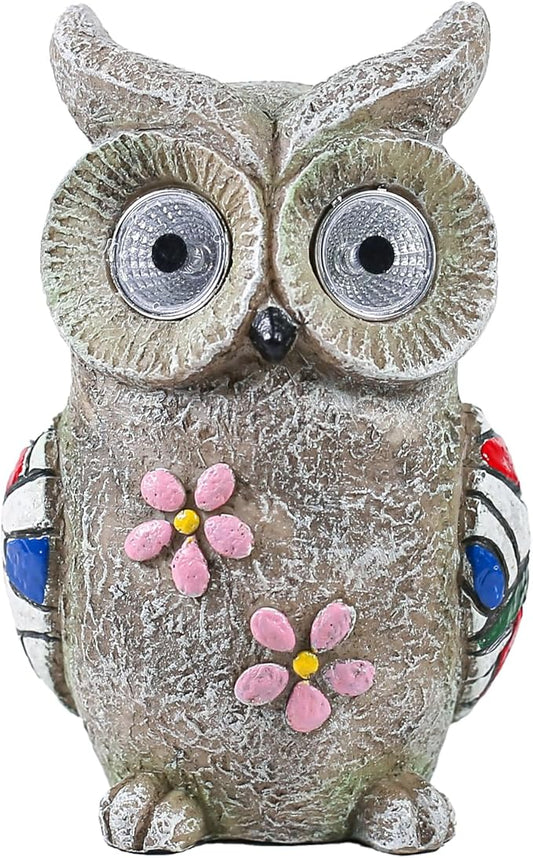Solar Garden Owl Statue - Decorative Owl Figurine with Solar Powered Eyes, Gray Stone-Look Finish for Outdoor Decor