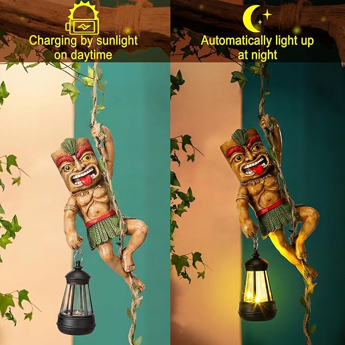 Kathfly Solar Light Outdoor Tiki Statues Resin Tiki Man Climbing on Vine with LED Lantern Waterproof Lamp Hanging Figurine with Hook for Hawaiian Gift Bar Decor Porch Patio Summer Yard Lawn Figurine