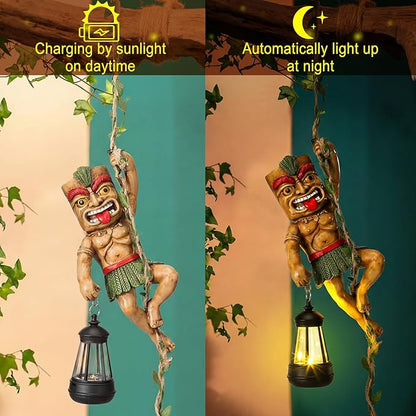 Kathfly Solar Light Outdoor Tiki Statues Resin Tiki Man Climbing on Vine with LED Lantern Waterproof Lamp Hanging Figurine with Hook for Hawaiian Gift Bar Decor Porch Patio Summer Yard Lawn Figurine