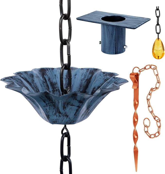 Rifachua 8.5ft 12 Cups Blue Plated Lotus Rain Chain for Gutters Downspouts Outside with Rain Chain Anchor Anchoring Stake Base Copper
