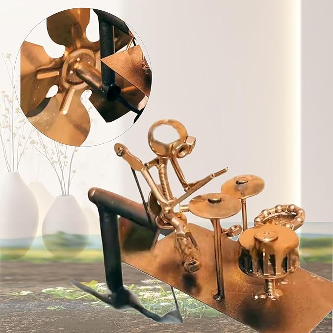 Handmade Metal Guitarist Windmill, Metal Art Musician Figurine Wind Mill, Percussionist and Musician Kinetic Spinners, for Garden, Yard, Lawn, Patio, Unique Art Gift for Music Lovers (Gold)