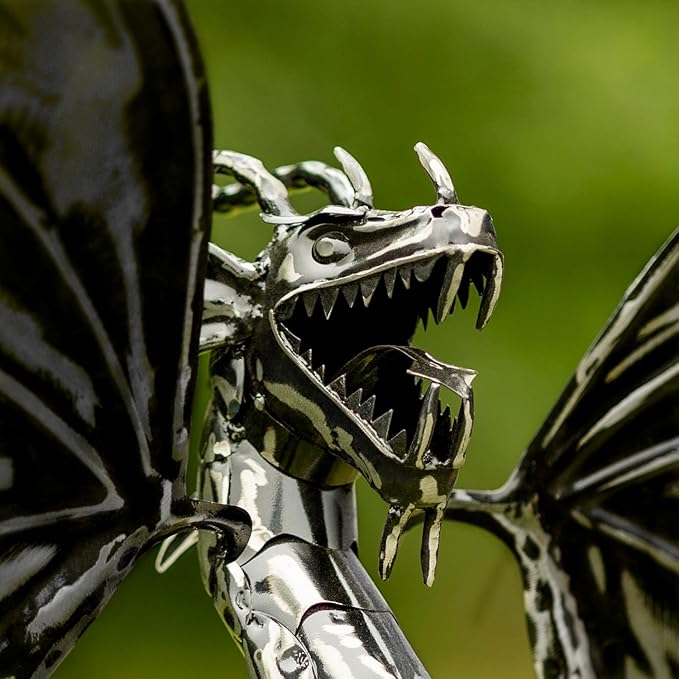 Zaer Ltd. Metal Dragon Rocking Garden Stake, Kinetic Wind Decor, Metallic Black Finish, Moving Wings (Tail to The Side Dayfyre)