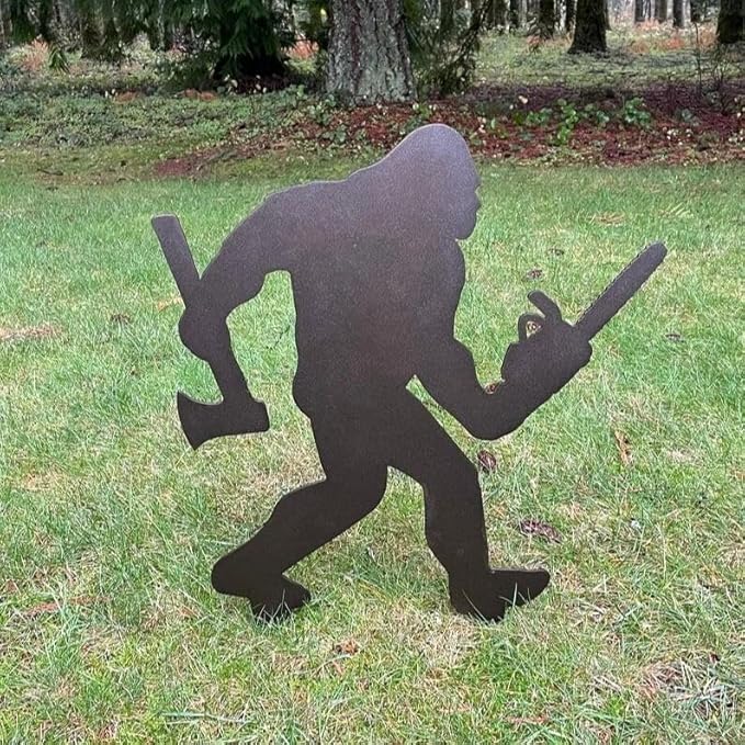 2025 Funny Bigfoot Garden Stake Metal Sign Art Yard Animal Decoration, Various Metal Sasquatch Black Big Foot Sculpture Outdoor Silhouette Statues for Garden Yard Patio Lawn (Chain Saw Ax)