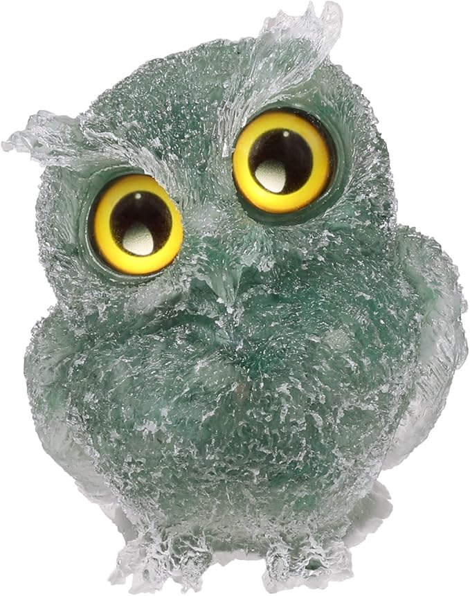 Nupuyai 3 inches Orgone Resin Crystal Chips Tumbled Stone Owl Statue, Mini Hand Carved Stone Crystal Animal Figurines for Tabletop Indoor Outdoor, Green Aventurine