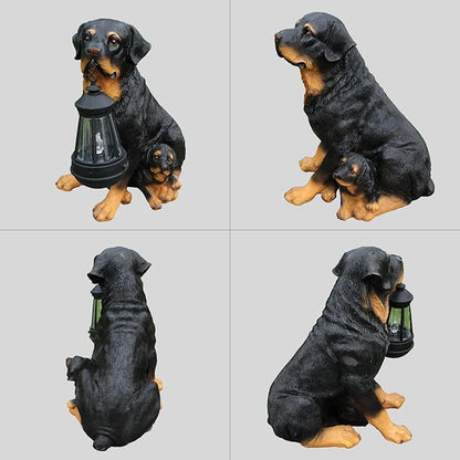 Rottweiler Dog Garden Statue with Solar Lantern & A Double-Sided Sign (Welcome/On Patrol), 11.4" Outdoor Resin Puppy Sculpture Yard Art Decor for Patio Lawn Porch, Dog Lover Gift