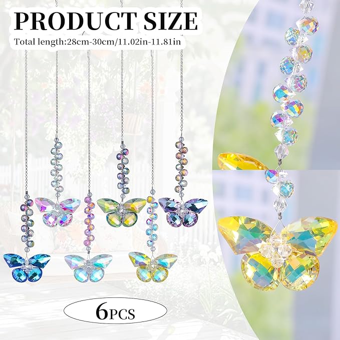 6pcs Crystal Butterfly Suncatchers Hanging Ornaments, Rainbow Maker Sun Catchers Indoor Window Outdoor Patio Garden Decor Gifts