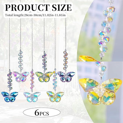 6pcs Crystal Butterfly Suncatchers Hanging Ornaments, Rainbow Maker Sun Catchers Indoor Window Outdoor Patio Garden Decor Gifts
