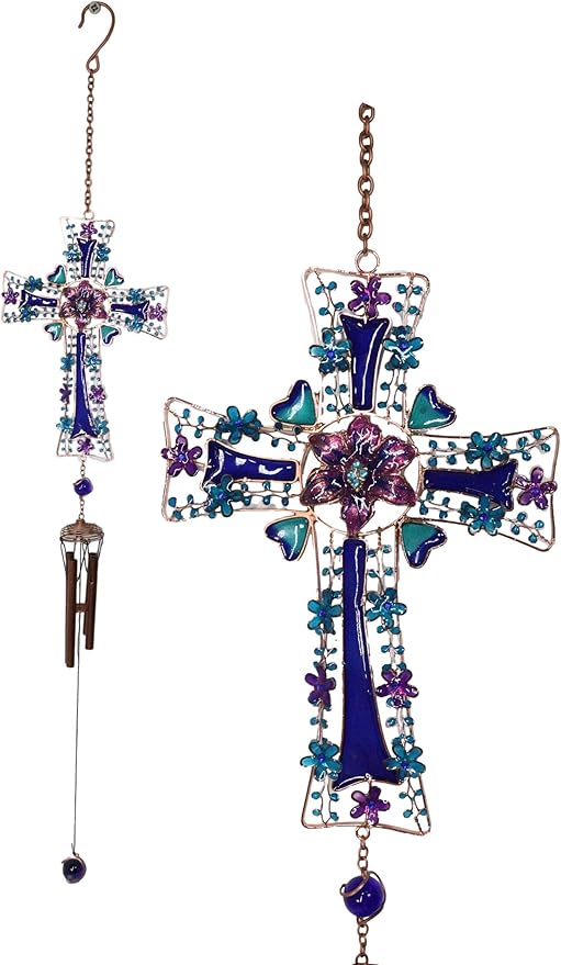 Ebros Gift Blue Floral Aquamarine Cross with Gemstones and Crystals Metal Scroll Filigree Resonant Relaxing Wind Chime 31" Long Aluminum Rods Hanging Mobile Home Patio Garden Decor
