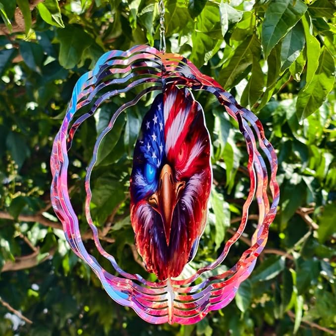 10x10 Patriotic Bald Eagle Fire Wind Spinner American Flag Crystal Chimes Outdoor Garden Decor Spinning Wind Chime Memorial Day 4th of July Gift