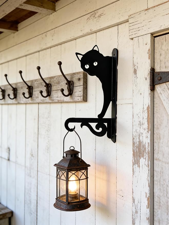 Iron Plant Hangers Hooks for Outdoor -10inch Hanging Plants Flower Fern Pots Lantern Bird Feeder Wind Chimes for Porch Garden Farmhouse (The cat Hiding in The Dark)