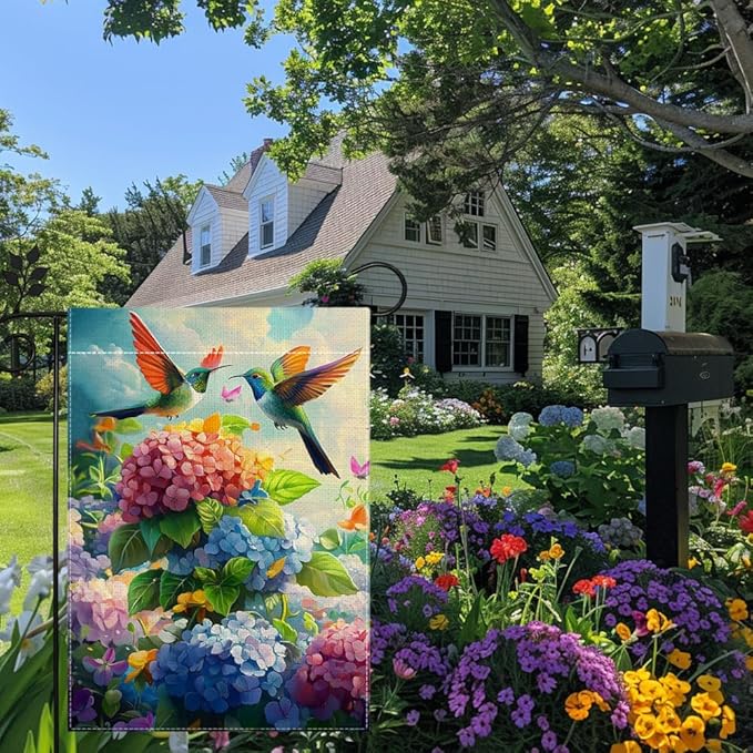 Hummingbirds Hydrangeas Garden Flag 12x18 Inch Double Sided Burlap, Spring Summer Welcome Colorful Floral Yard Decor, Farmhouse Outdoor Flag