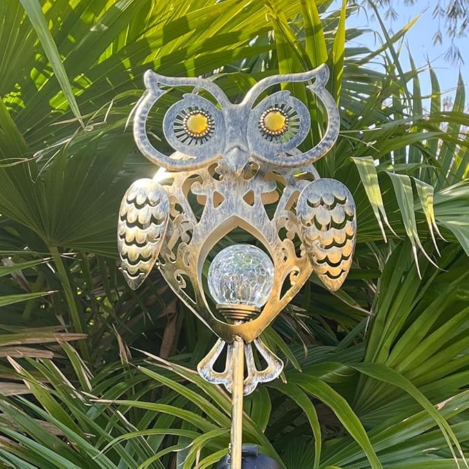 Owl Solar Garden Lights Outdoor, 40.55" Tall Iron Metal Yard Art, Weatherproof Pathway Stakes for Patio Lawn, Unique Owl Statue with Warm LED for Fence Plant Pot Decoration