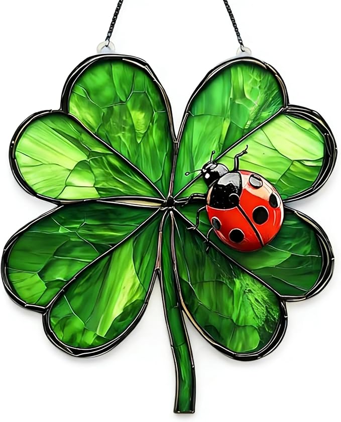 St. Patrick's Day Suncatcher Green Window Hanging with Shamrock Beetle desigsn Cute Stained Glass Suncatchers Full Cover Ireland Windows Decorations ndoor Outdoor for Home Garden Gift for Women Friend