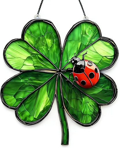 St. Patrick's Day Suncatcher Green Window Hanging with Shamrock Beetle desigsn Cute Stained Glass Suncatchers Full Cover Ireland Windows Decorations ndoor Outdoor for Home Garden Gift for Women Friend