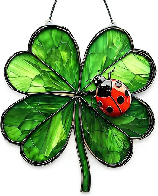 St. Patrick's Day Suncatcher Green Window Hanging with Shamrock Beetle desigsn Cute Stained Glass Suncatchers Full Cover Ireland Windows Decorations ndoor Outdoor for Home Garden Gift for Women Friend