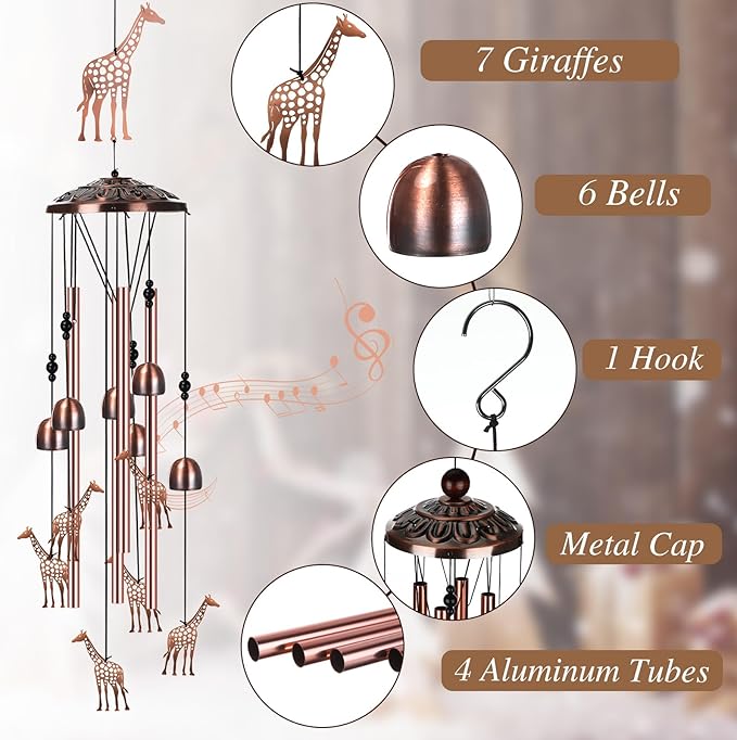 Briwooody Giraffe Wind Chimes for Outside Giraffe Gifts for Women Mom Metal Wind Chimes Memorial Birthday Decor for Outdoors Patio Garden Porch Yard Home Decoration