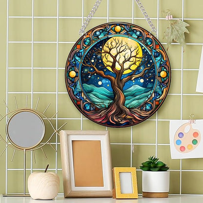 1PC Tree of Life Stained Glass Suncatcher Nature Round Big Trees and Stars Moon Suncatcher Hanging Decoration with Metal Chain-SunCatchers for Window Decor Outdoor Garden Decor Gift
