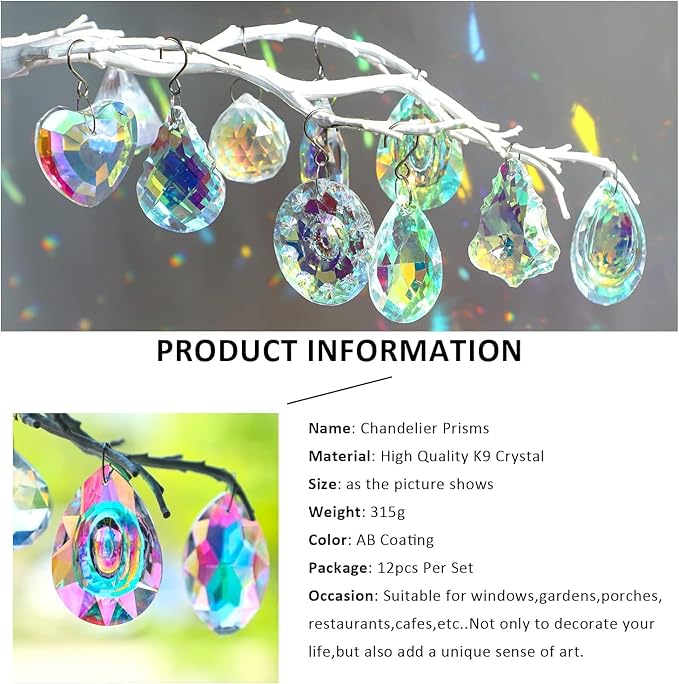 Kanpura 12 Pcs Crystal Suncatchers Colorful Chandelier Prisms Crystals Pendants Parts Hanging Ornament for Wedding Window Home Decor