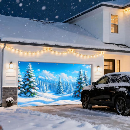 IVN Christmas Garage Door Cover Decoration 13x6ft Snow Covered Pine Trees Blue Mountain Forest Scene Merry Christmas Winter Garage Door Banner Home Door Front Yard Decor for Xmas Eve Holiday Outdoor