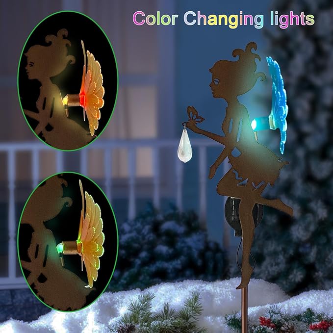 Solar Garden Fairy Statue with LED Lights, Metal Yard Art Outdoor Figurine for Patio Path Yard Decor