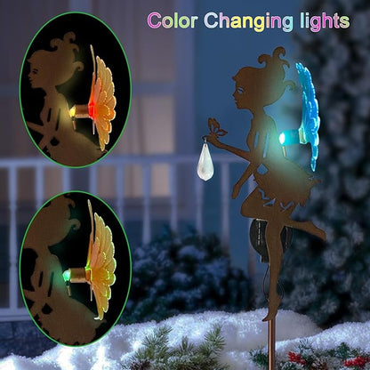 Solar Garden Fairy Statue with LED Lights, Metal Yard Art Outdoor Figurine for Patio Path Yard Decor