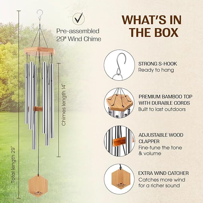 UpBlend Metal Wind Chimes Deep Tone - Outdoor Sympathy & Memorial Gift for The Loss of a Loved One, Memorial Wind Chimes, Thoughtful Sympathy Gift for Bereavement and Remembrance. 29" Silver