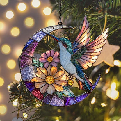 Floral Hummingbird Acrylic Suncatcher Stained Glass Effect Window Car Hanging Christmas Ornament Indoor Outdoor Decor Garden Sun Catcher Panel for Hummingbird Lover for Women Mom Grandma