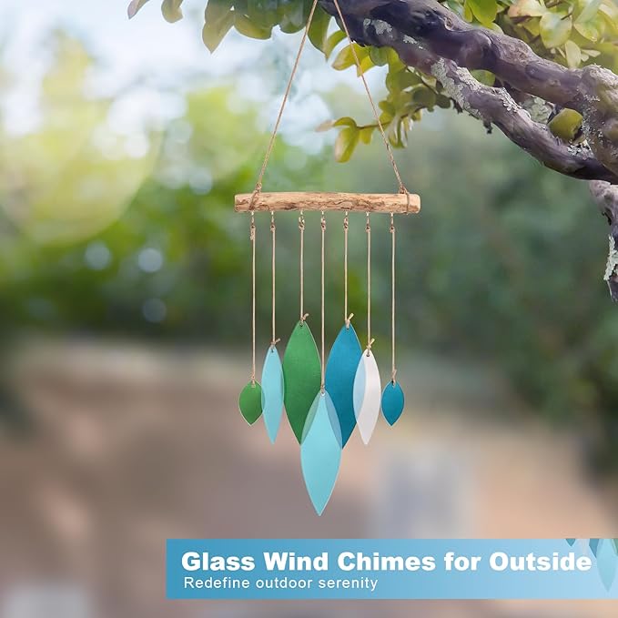 Sea Glass Wind Chimes Art Decor - Stained Glass Suncatcher Window Hanging, Driftwood Hand Crafted Design Beach Wind Chimes - Patio Garden Yard Decor Home Decor (Blue & Green)