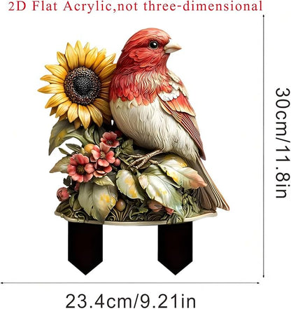 Garden Stake Decor, Acrylic 2D Flat Cute Animal Statue, Fairy Sculptures Ornament Indoor Outdoor Yard Lawn Pot Plant Decorative Accessories (Sunflower&Bird)