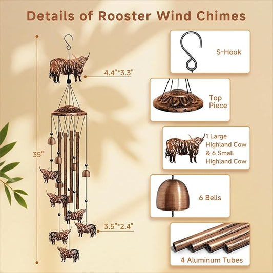 Highland Cow Wind Chimes for Outside, Highland Cow Gifts for Women/Men/Mother/Father, Metal Windchimes for Birthday/Christmas/Thanksgiving, Cow Decor for Patio, Garden,Yard, Home