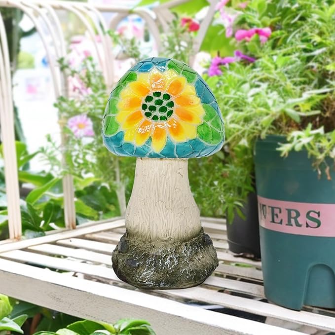 Mushroom Solar Lights Outdoor: Fairy Garden Decor Statue Mosaic Art Yard Figurines Led Lawn Ornaments Outside Decorations Birthday Gifts for Mother Mom Grandma Women