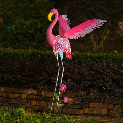 42" Metal Flamingo Outdoor Statues,Garden Sculptures with Solar Light, Pink Flamingo Lawn Ornaments & Outdoor Decor for Patio, Backyard, Garden
