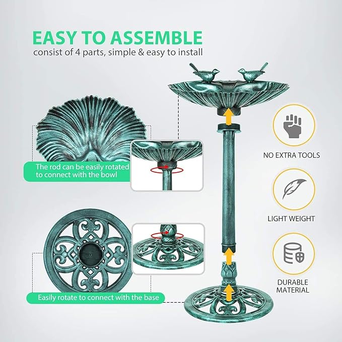 Water Fountain and Birdbath Solar Powered Polyresin Vintage Bronze/Green Outdoor Pond Fountain Combo Set Freestanding Bird Feeders for Garden Patio Deck or Yard