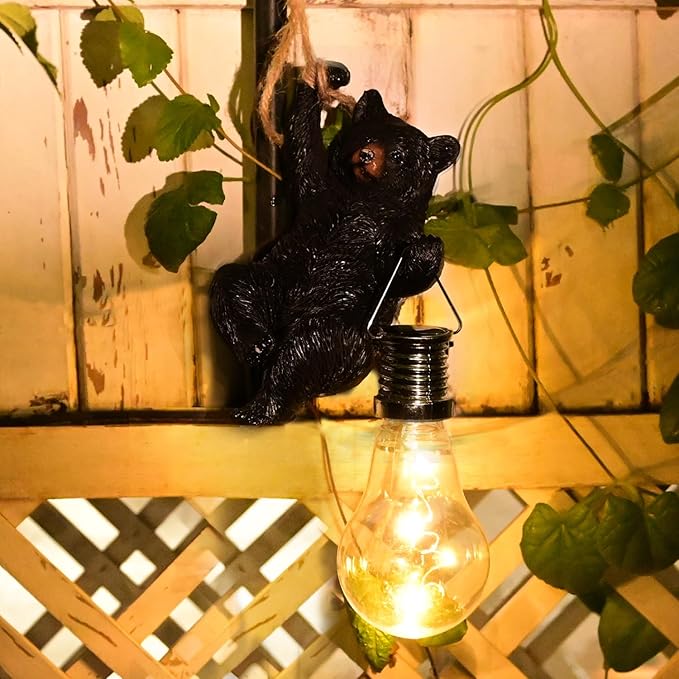 Solar Bear Statues Outdoor: Hanging Garden Decor for Outside Cabin Porch Light Yard Decorations Tree Ornaments Small Resin Figurines Funny Gifts Mama Women