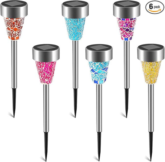 Solar Lights Outdoor Decorative, Solar Garden Lights Stakes, Flower Bed Decorations Mosaic, Decor for Path, Waterproof, 6 Pack