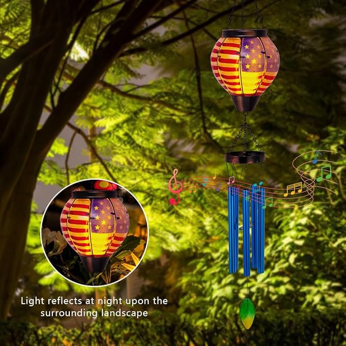 Solar Wind Chimes for Outdide,American Flag Solar Hot Air Balloon Wind Chime with Flame Flickering Light,Glass Windchimes with 5 Thicken Tubes,4th of July Decorations for Garden
