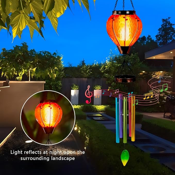 Starsoul Solar Wind Chimes for Outside, Rainbow Hot Air Balloon with Flickering Flame Solar Wind Chime, Glass Windchimes Outdoors Garden Decor, Gift for Mother's Day Mom Grandma