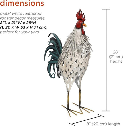 Alpine Corporation 28" Tall Outdoor Metal Feathered Rooster Statue with Vibrant Design, Garden Decor, White/Black